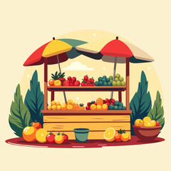 Obraz premium Vibrant fruit stand displaying fresh produce under colorful awnings 