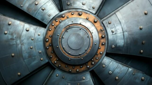 Close-up view of a turbine hub with concentric circular metal plates and bolts. The brushed metal texture and radial industrial design create a detailed, symmetrical, mechanical architectural pattern