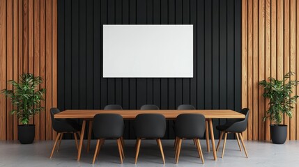 Fototapeta premium Modern Conference Room with Wooden Panel Wall, Stylish Furniture, and Minimalist Design Elements