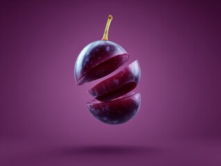 Sliced Purple Grape Suspended in Air Purple Background Studio Still Life