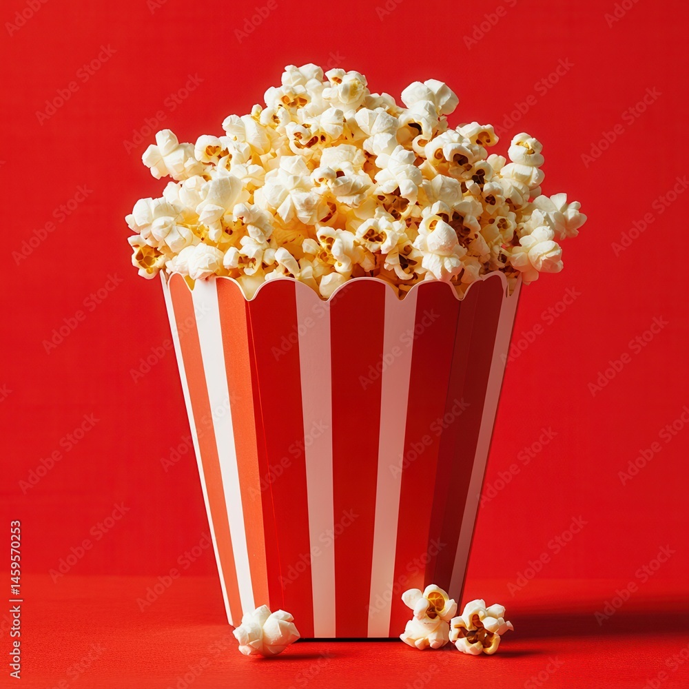 Poster popcorn overflowing from a classic striped container on a red backdrop. a quintessential snack for m