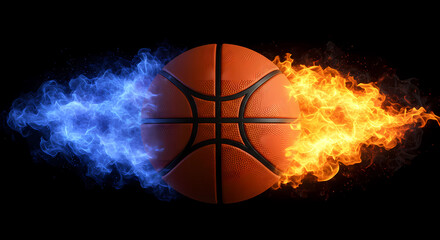 Fototapeta premium An orange basketball on a dark background, with two distinct columns of energy colliding. Blue and orange flames.