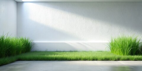 Serene Minimalist Indoor Garden Design with Lush Green Grass and Sunlight Streaming Through a High Window