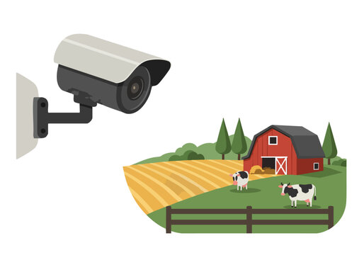 A modern security camera monitors a picturesque farm scene with cows and a barn. Clear, bright image ideal for rural or agricultural themes.