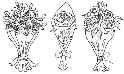 set of 3 festive bouquets of flowers, hand drawn with thin contour line on white background