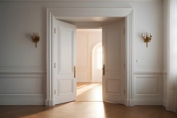 Open Double Doors Leading to Bright Room in Elegant House