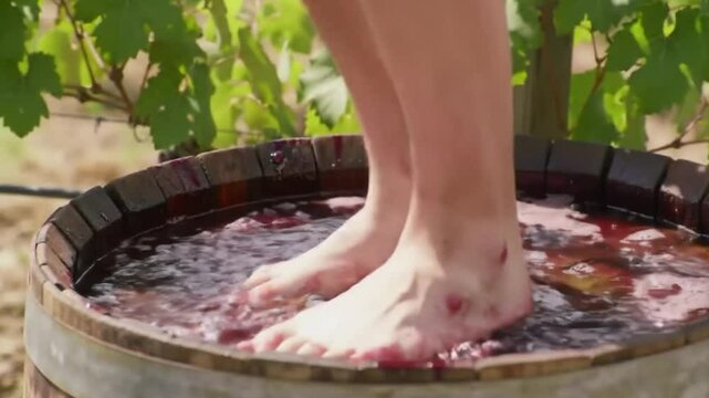 Grape stomping tradition wine making process foot crushing in barrel for vintage red wine production