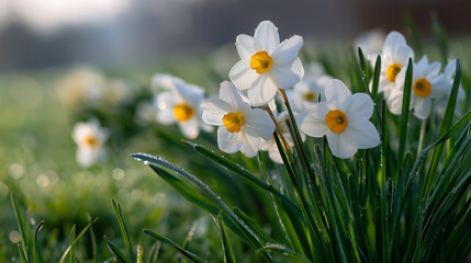 Daffodils on a tranquil spring morning at sunrise