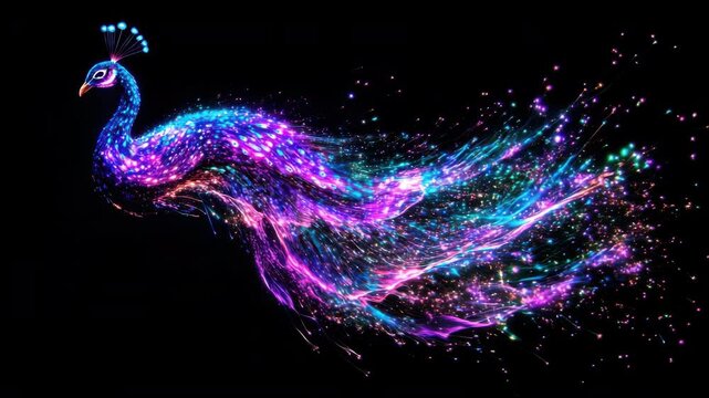 Vibrant Digital Peacock with Sparkling Neon Plumage