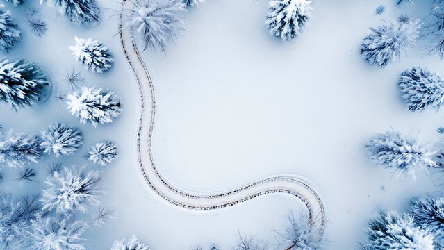 Aerial view of a winding snow covered path through a snowy forest.