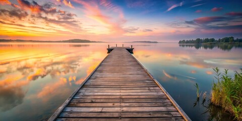 Obraz premium Serene sunrise over tranquil lake with wooden dock extending into calm waters reflecting vibrant sky