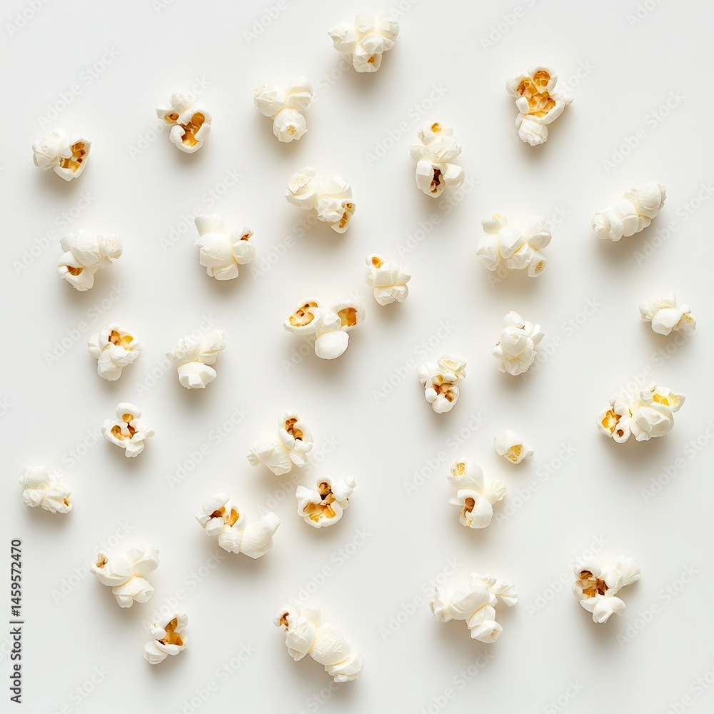 Aufkleber scattered popcorn on a bright white background creating a minimalist and inviting snack time aesthet