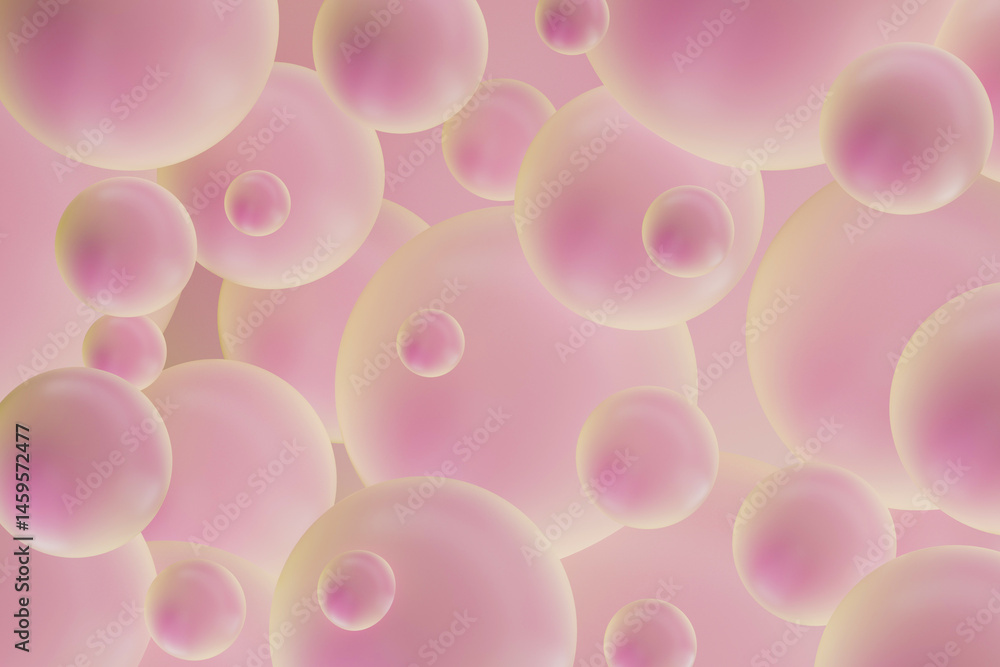 Poster Ethereal floating bubbles background in pastel pink hues with subtle shading and futuristic spherical pattern design. 3D rendering. Delicate abstract pattern.