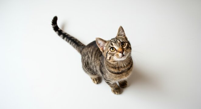 Adorable tabby cat looking up with curious expression, a charming feline portrait on a bright white background, creating a clean and endearing image for various applications