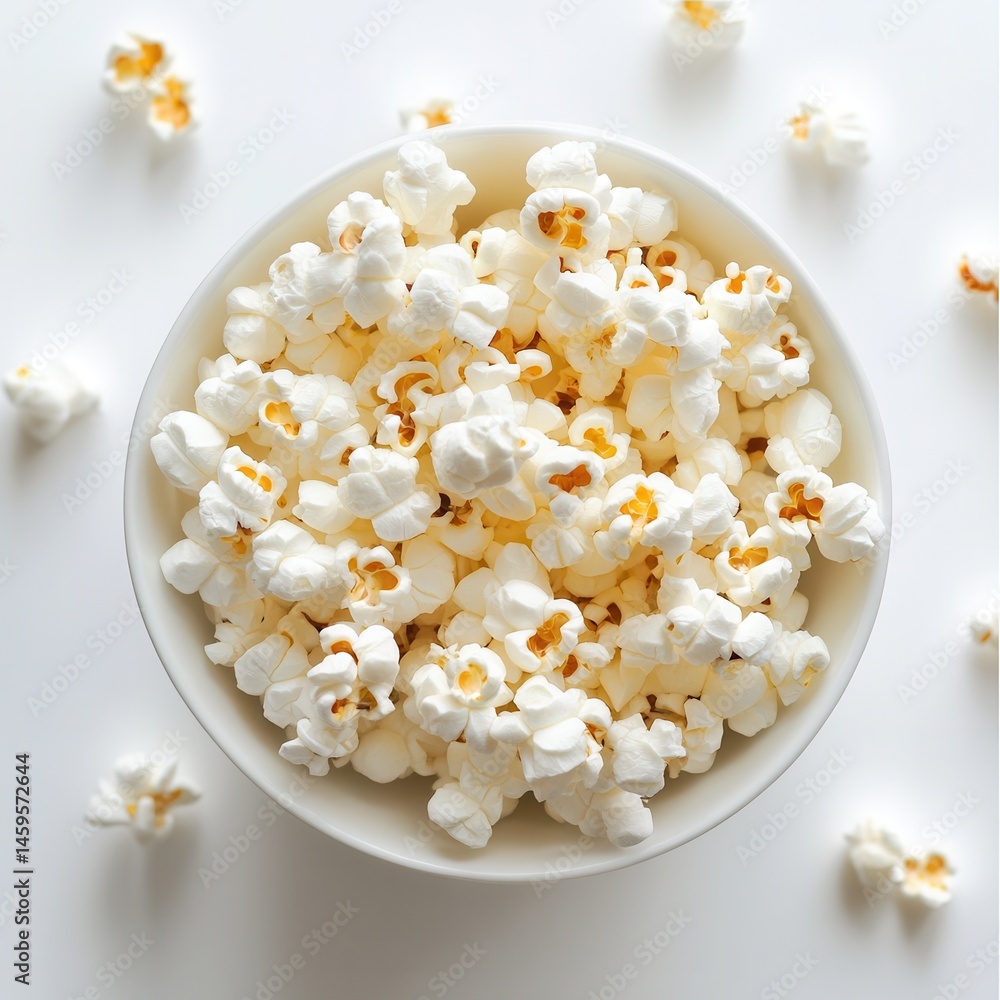 Poster Overhead view of a bowl full of fluffy, white popcorn with kernels scattered around the white surface, perfect for snacktime and enjoyment.