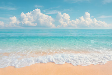 Fototapeta premium Azure Serenity: A breathtaking view of an ocean where turquoise waves gently caress a sandy shore, with a vast expanse of a cerulean sky dotted with fluffy clouds, offering a perfect image of peace.