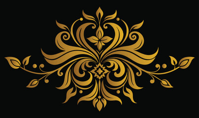 Golden ornate floral design, symmetrical pattern, baroque style, intricate scrollwork, black background, metallic gold embellishment, decorative element, elegant motif, luxury embroidery.