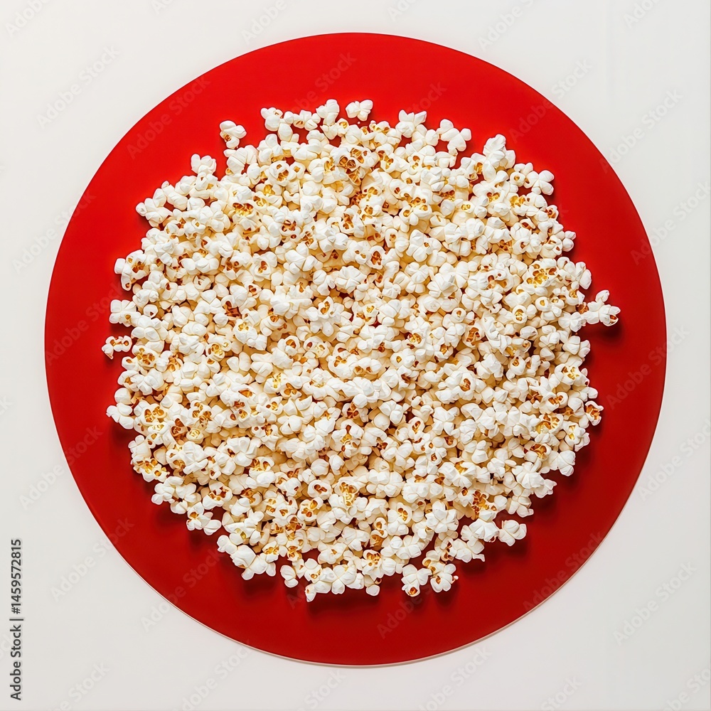 Poster overhead shot of light-colored popcorn overflowing from a red round plate, showcasing the snack's te