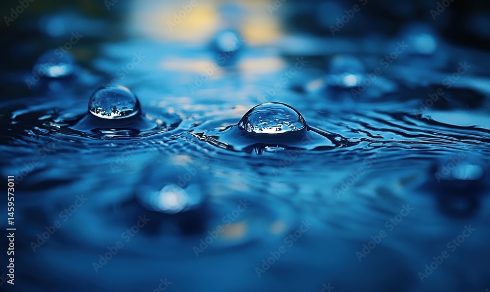 Poster close-up of water droplets on a dark, reflective surface, showing intricate patterns and reflections