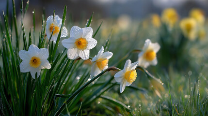 Dewy meadow at dawn with daffodils and soft sunlight