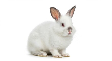 Obraz premium Adorable white rabbit with gray markings sitting upright on a white background perfect for Easter and spring holiday themes and animal-related projects
