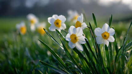 Daffodils at Dawn in a Dewy Meadow