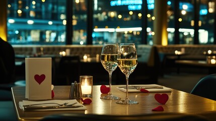 Fototapeta premium Romantic dinner for two. Two glasses of white wine, candles, and heart-shaped decorations on a wooden table in a modern restaurant. City lights visible through the windows