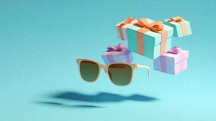 Sunglasses floating in front of pastel gifts on a light blue background with a shadow