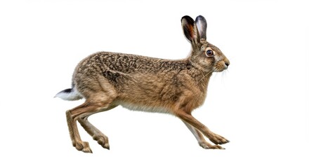 Alert European Hare Leaping Across a White Background in a Dynamic Wildlife Portrait Capturing the Essence of Natural Movement and Wild Beauty