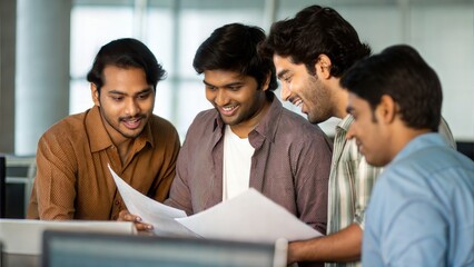 Indian Office Workers Reviewing Charts in Casual Group Conversation
