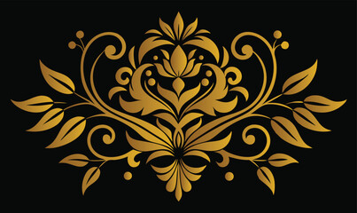 Golden ornate floral design, symmetrical pattern, baroque style, intricate curves, black background, metallic gold texture, luxurious emblem, decorative motif, elegant scrollwork, vintage ornament.