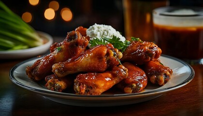 A plate of chicken wings with hot sauce and blue cheese melted in, served on an old-fashioned wooden table with contour lighting that highlights the delicious dish. A side bowl filled with hunter's