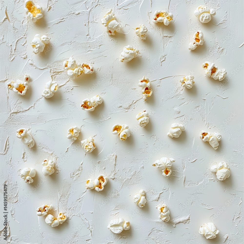 Poster Scattered popcorn on textured white background, creating a visually pleasing and whimsical pattern. Sweet and savory delight.