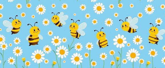 Cheerful blue seamless pattern featuring cute cartoon bees buzzing around a garden of daisies, happy, fabric