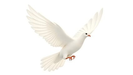 Obraz premium A pure white dove in flight, symbolizing the Holy Spirit, with detailed feathers and a clean white background for versatile use in spiritual and religious designs.