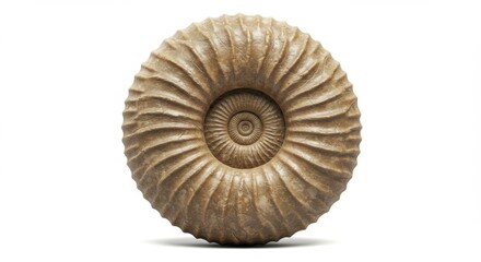 Obraz premium Ammonite Fossil Close Up on White Background Illustrating Ancient Sea Life and Paleontology Discovery for Educational Material and Natural History Exhibits