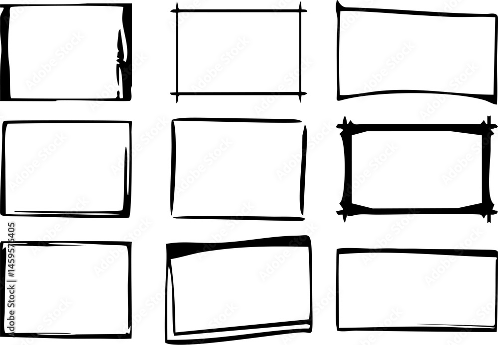 Poster outline frame in hand drawn style. grunge empty frames set in sketch. easy to reuse for poster or ba