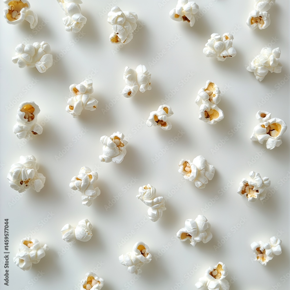 Poster Popcorn on white background, clean and simple pattern with fluffy and crunchy snack, isolated on clear and bright backdrop, symmetrical and ordered.