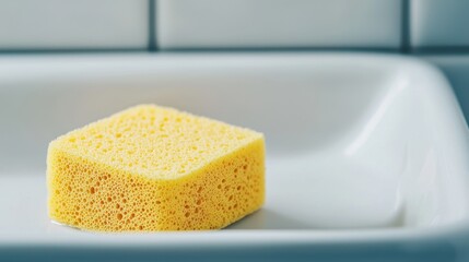 Bright Yellow Cleaning Sponge on White Dish in Modern Kitchen Environment for Home and Cleaning Use