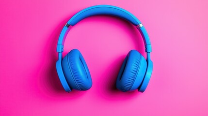 Bright Blue Headphones on Vibrant Pink Background Perfect for Music and Sound Related Themes