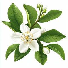 Fototapeta premium Delicate citrus blossom with vibrant leaves. Detailed illustration of a flowering branch
