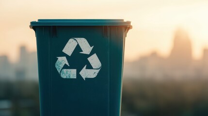 Green Recycling Bin Against City Background During Sunset with Recycle Symbol for Environmental Awareness