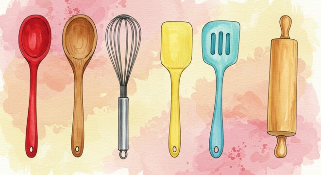 Delightful kitchen tools watercolor design perfect for cooking blogs recipe websites and more