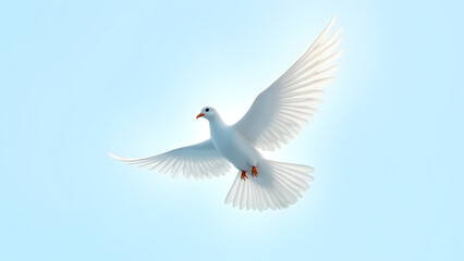 A heavenly white dove in flight, symbolizing the Holy Spirit, with ultra-detailed feathers and a soft sky-blue background for spiritual themes.