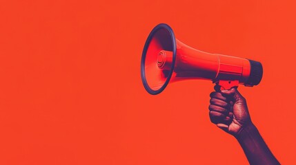 Bold Hand Holding Bright Orange Megaphone Against Vibrant Red Background for Communication and Advocacy