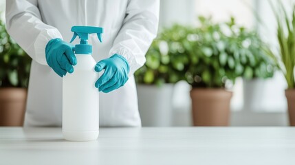 Clean Environment Scene with Person in Protective Gear Holding Spray Bottle for Disinfection and Cleaning Purpose