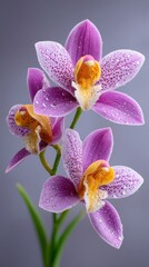 Fototapeta premium Beautiful Pink Orchid with Dew Drops on Soft Gray Background