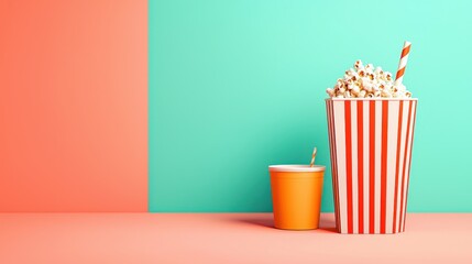 Colorful Popcorn and Drink on Vibrant Background Perfect for Celebrations and Movie Nights