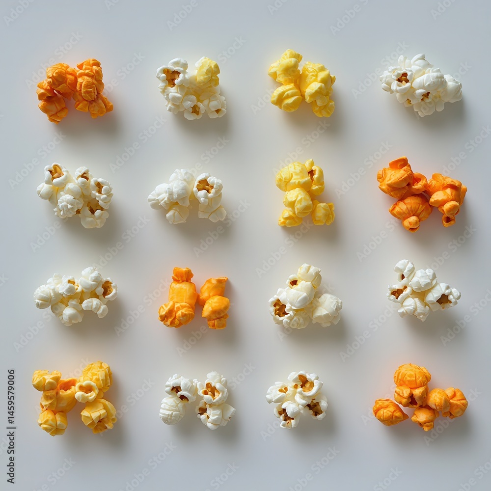 Fototapete Array of popcorn clusters showcasing different colors and coatings in a grid arrangement, creating a playful and appetizing visual.