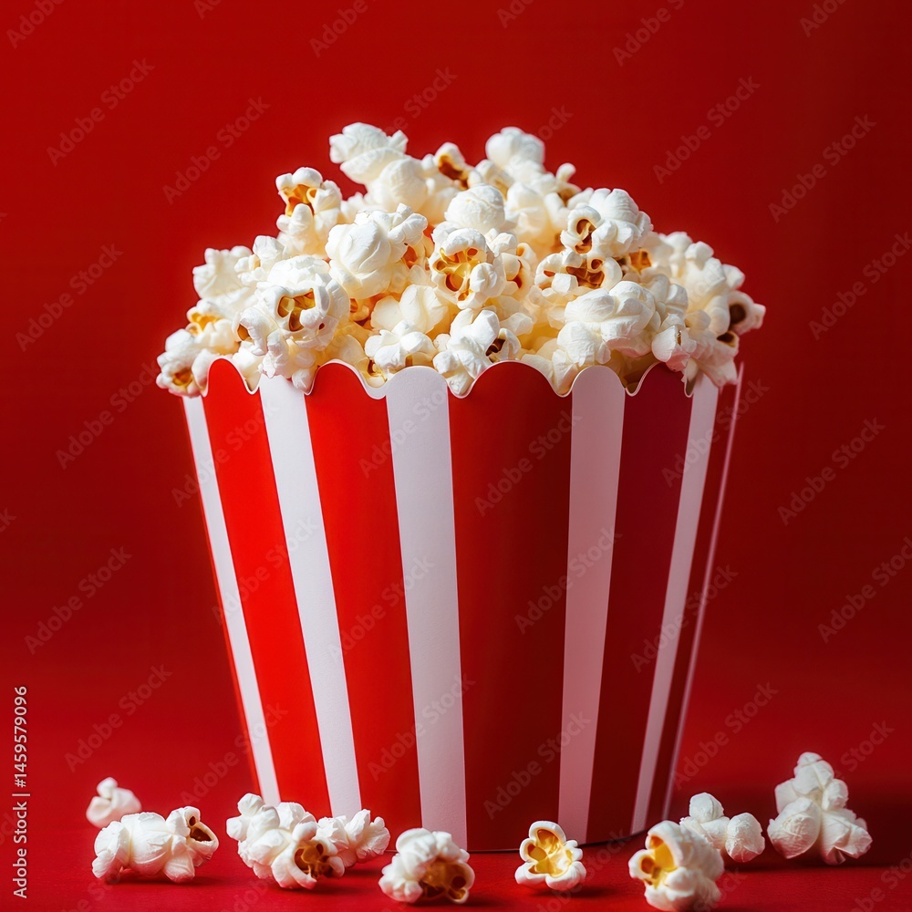 Poster Popcorn overflowing from a red and white striped container, set against a vibrant red backdrop. Perfect for movie nights and snacks.